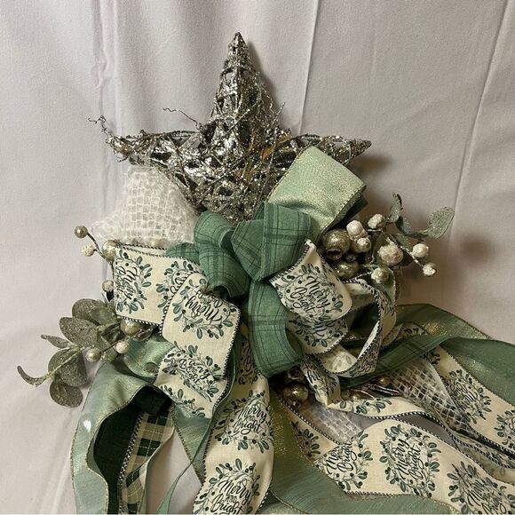 Christmas Tree Topper Bow Star Holiday Decor Mod Farmhouse White, Green & Silver - Picture 5 of 12